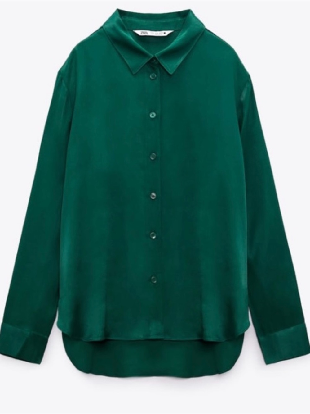 Zara Forest Green Satin Button Down Long Sleeve Shirt